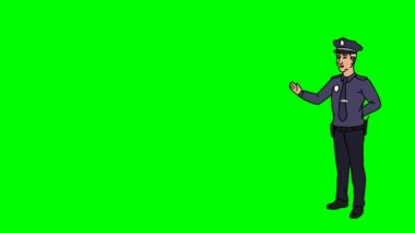 Animasyon karakter polis ya da polis tam büyüme anlamına gelir ve der ki, düzgün kontur. Yeşil ekran - Chroma key. İlmekledi animasyon.
