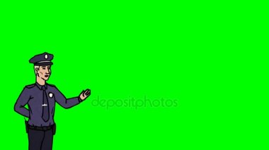 Animasyon karakter polis ya da polis ön planda anlamına gelir ve der ki, eğri dağılımı. Yeşil ekran - Chroma key. İlmekledi animasyon.