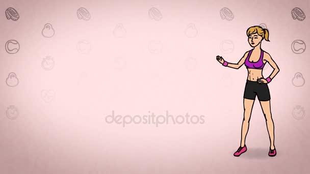 Animated Character Sportswoman or Athlete stands in full growth and says, curve contour. Pink background. Animation looped. — Stock Video