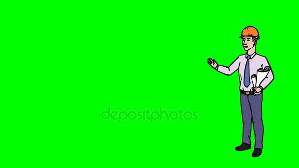 Animated Character Builder ou Architect está em pleno crescimento e diz, contorno curva. Tela verde - Chroma chave. Animação em loop . — Vídeo de Stock