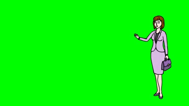 Анимационный персонаж Секретарь или Учитель стоит в полном росте и говорит, кривая контура. Зеленый экран - клавиша Chroma. Цикл анимации . — стоковое видео