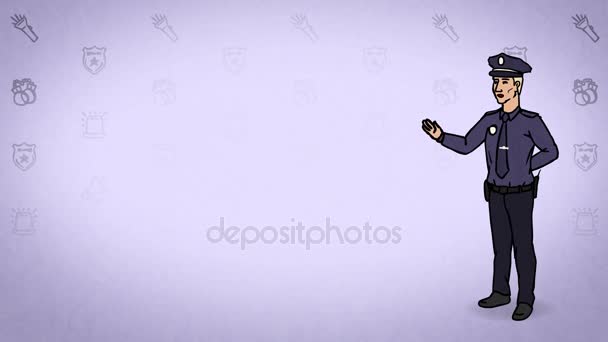 Animated Character Policeman or Cop stands in full growth and says, curve contour. Violet background. Animation looped. — Stock Video