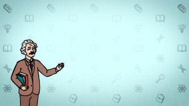 Animasyonlu karakter Profesör veya öğretmenin ön planda anlamına gelir ve der ki, eğri dağılımı. Turkuaz arka plan. İlmekledi animasyon.
