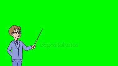 Gözlüklü animasyonlu karakter öğrenci ön planda anlamına gelir ve der ki, düzgün kontur. Yeşil ekran - Chroma key. İlmekledi animasyon.