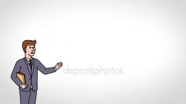 Animasyon karakter öğrenci ya da öğrenci ön planda anlamına gelir ve der ki, düzgün kontur. Beyaz arka plan. İlmekledi animasyon.