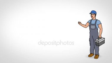 Animasyon karakter işçi ya da teknisyen tam büyüme anlamına gelir ve der ki, düzgün kontur. Beyaz arka plan. İlmekledi animasyon.