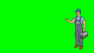 Animasyon karakter işçi ya da teknisyen tam büyüme anlamına gelir ve der ki, düzgün kontur. Yeşil ekran - Chroma key. İlmekledi animasyon.