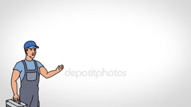 Animasyon karakter işçi ya da teknisyen ön planda anlamına gelir ve der ki, düzgün kontur. Beyaz arka plan. İlmekledi animasyon.