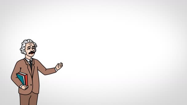 Die animierte Figur Professor oder Lehrer steht im Vordergrund und sagt, glatte Kontur. weißer Hintergrund. Animationsschleife. — Stockvideo