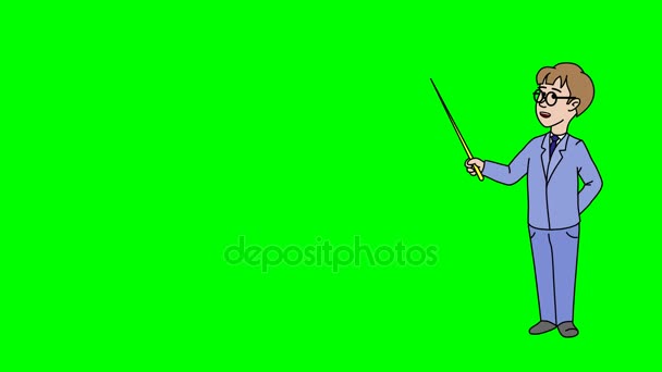 Écolier de caractère animé avec lunettes se tient en pleine croissance et dit, contour lisse. Écran vert - Clé chroma. Animation en boucle . — Video