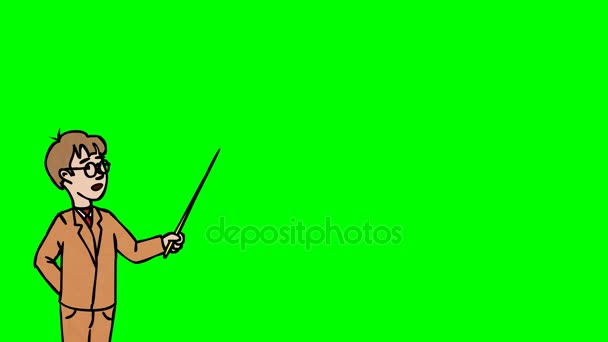 Animated Character Schoolboy with Glasses stands in the foreground and says, curve contour. Green screen - Chroma key. Animation looped. — Stock Video