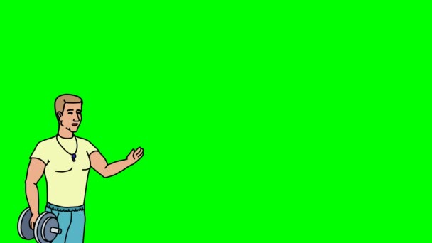 Animado personagem atleta ou treinador fica em primeiro plano e diz, contorno suave. Tela verde - Chroma chave. Animação em loop . — Vídeo de Stock