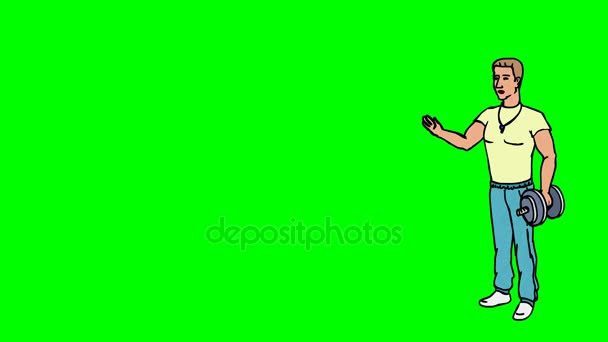 Animated Character Athlete or Coach stands in full growth and says, curve contour. Green screen - Chroma key. Animation looped. — Stock Video