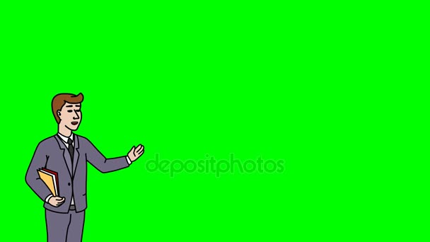 Animerade karaktär Student eller eleven står i förgrunden och säger, slät kontur. Grön skärm - Chroma key. Animation som loopas. — Stockvideo
