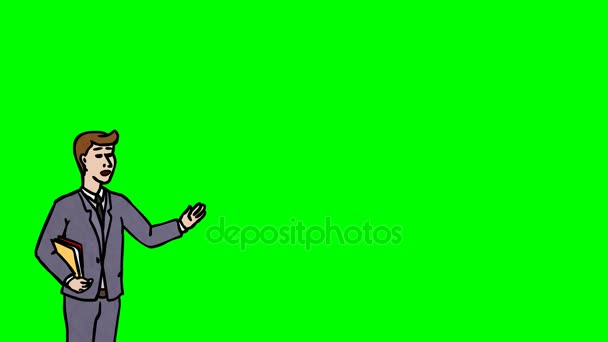 Geanimeerde karakter Student of leerling staat op de voorgrond en zegt, kromme contour. Groene scherm - Chromakey. Animatie lus. — Stockvideo