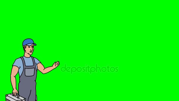 Animado Character Worker ou Técnico fica em primeiro plano e diz, contorno suave. Tela verde - Chroma chave. Animação em loop . — Vídeo de Stock