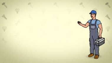 Animasyon karakter işçi ya da teknisyen tam büyüme anlamına gelir ve der ki, eğri dağılımı. Sarı arka plan. İlmekledi animasyon.