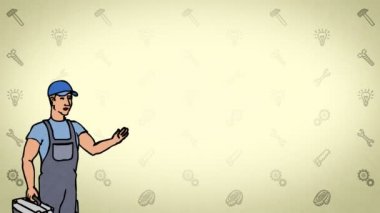 Animasyon karakter işçi ya da teknisyen ön planda anlamına gelir ve der ki, eğri dağılımı. Sarı arka plan. İlmekledi animasyon.