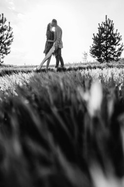 Genç çift alanda yürüyüş