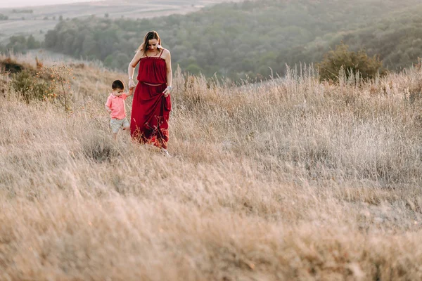 stock image mother walks with son in high grass