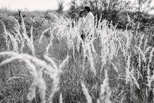 Casal de meia-idade caminha em grama alta — Fotografia de Stock