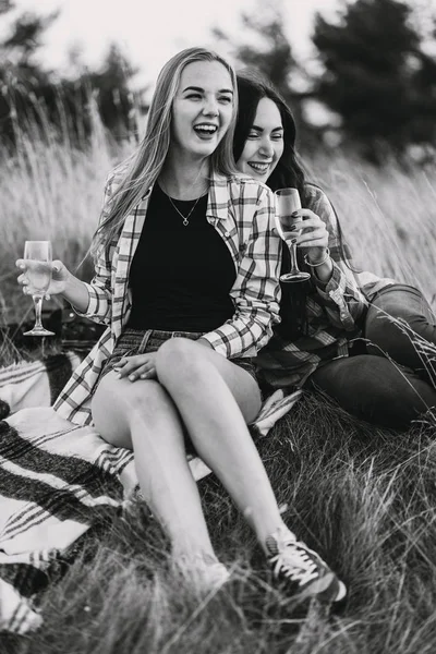 Beautiful girls on picnic in mountains — Stock Photo, Image