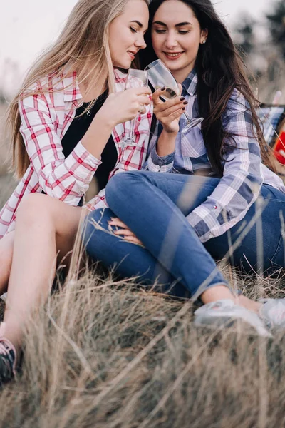 Beautiful girls on picnic in mountains — Stock Photo, Image