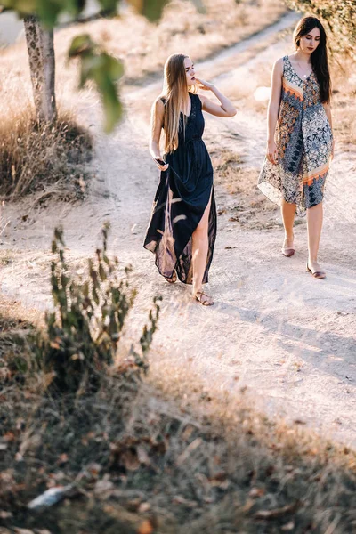 Όμορφα κορίτσια περπατώντας στα βουνά — Φωτογραφία Αρχείου