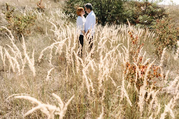 Orta yaşlı çift sarı çim yürür