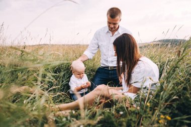 Genç aile çayırda yürüyüş