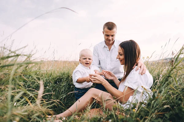 Jeune famille marchant dans la prairie — Photo