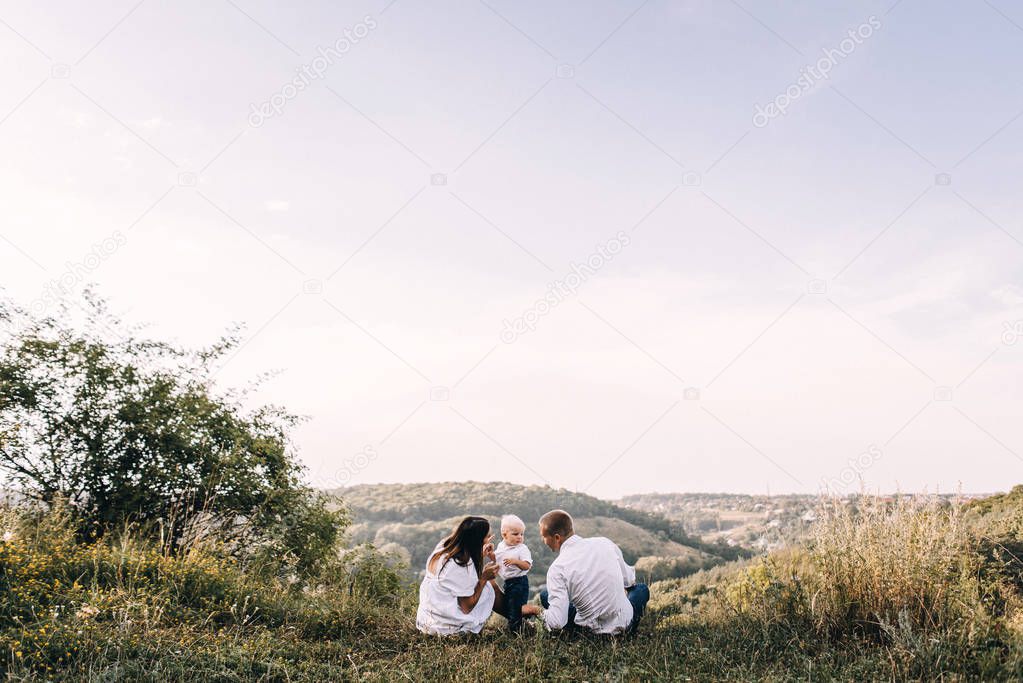 Young family walking in meadow