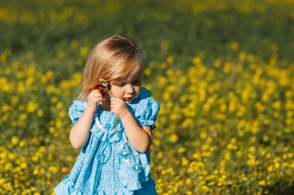 Little girl in yellow flowers field — Stock Photo, Image