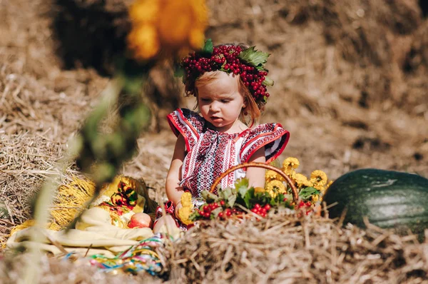 Mädchen im Kleid mit Mustern in der Nähe des Heus — Stockfoto