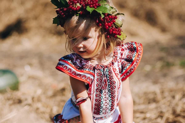 Mädchen im Kleid mit Mustern in der Nähe des Heus — Stockfoto