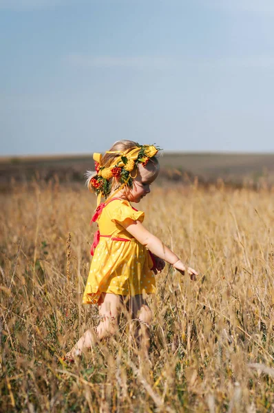 Menina vestindo grinalda no campo — Fotografia de Stock