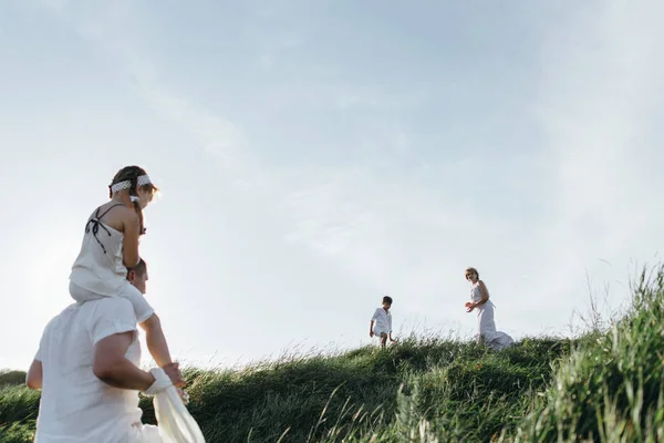 Mother, father, daughter and son on the field — Stock Photo, Image