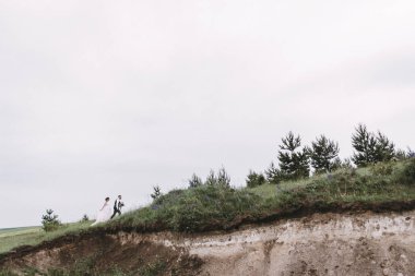 Yeni evliler, açık havada düğün gününde yürüyüş