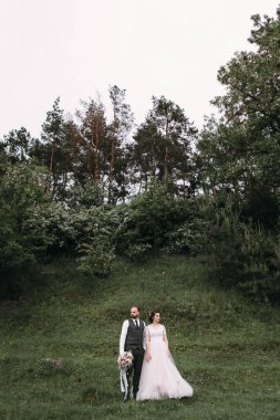 Yeni evliler, açık havada düğün gününde yürüyüş