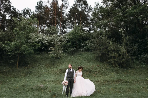 Os recém-casados caminham ao ar livre no dia do casamento — Fotografia de Stock