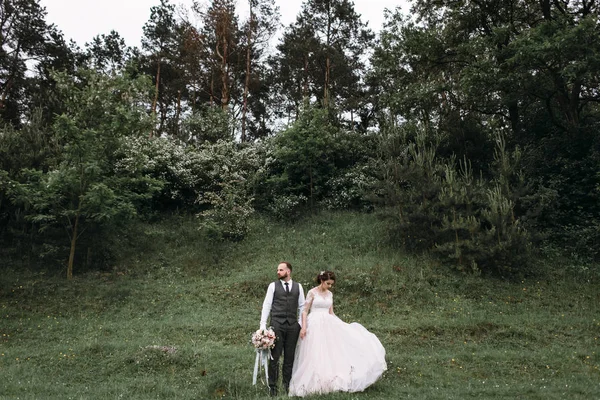 Recién casados caminan al aire libre el día de su boda — Foto de Stock