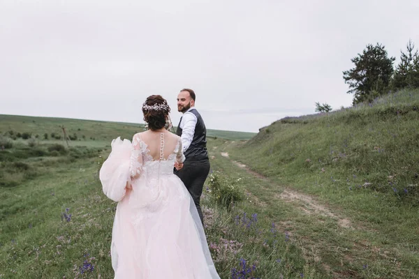 Recién casados caminan al aire libre el día de su boda — Foto de Stock