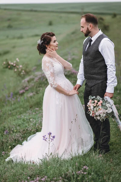 Recién casados caminan al aire libre el día de su boda — Foto de Stock