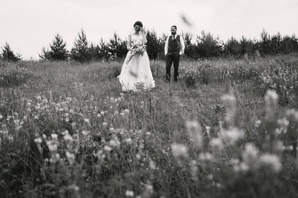 Nygifta promenad utomhus på deras bröllopsdag — Stockfoto