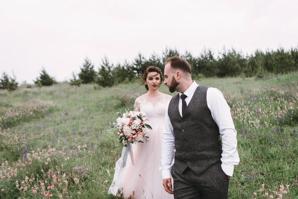 Gli sposi camminano all'aperto il giorno del loro matrimonio — Foto Stock