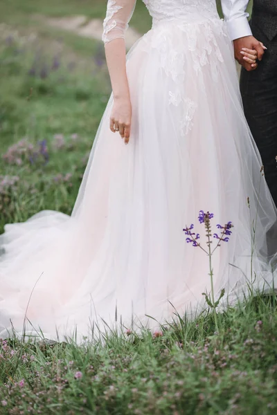 Os recém-casados caminham ao ar livre no dia do casamento — Fotografia de Stock