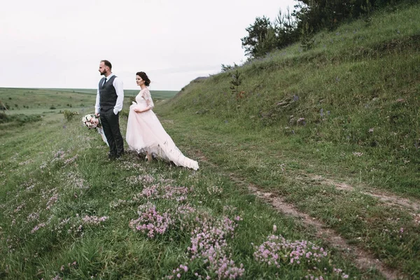 Os recém-casados caminham ao ar livre no dia do casamento — Fotografia de Stock