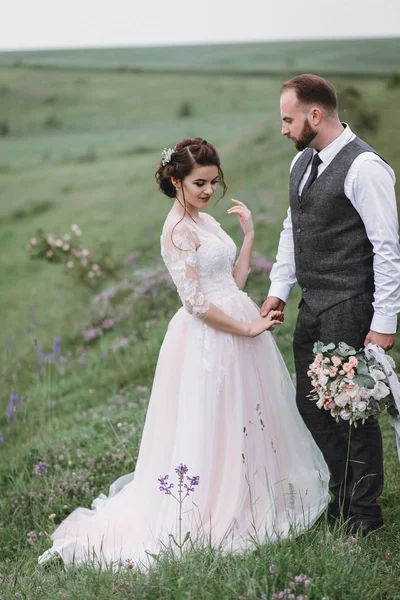 Os recém-casados caminham ao ar livre no dia do casamento — Fotografia de Stock