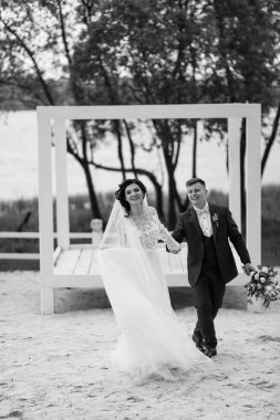 Mutlu genç sadece evli çift bir göl plajda çalışan onların düğün günü 