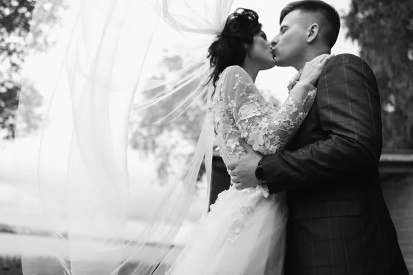 Feliz Joven Recién Casado Pareja Besándose Día Boda —  Fotos de Stock